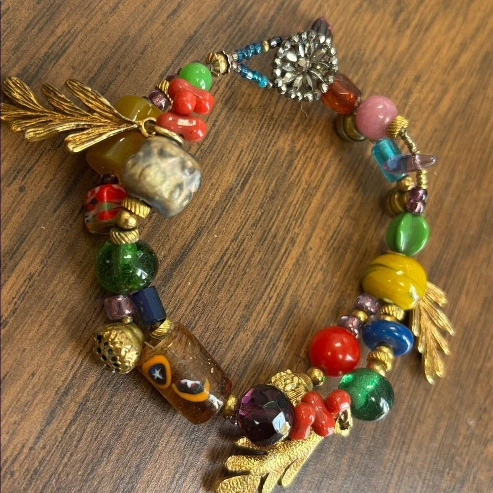 Handmade Glass Murano Colorful Beaded Bracelet with Gold Leaf Charm Accents